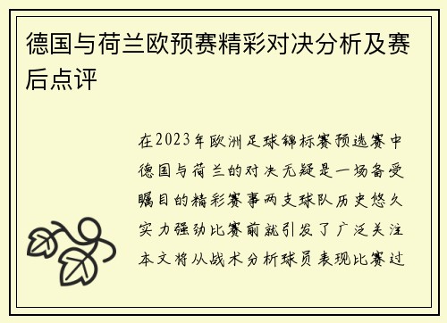 德国与荷兰欧预赛精彩对决分析及赛后点评